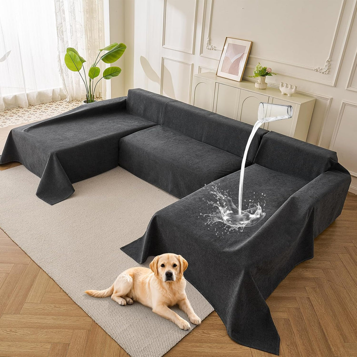 Deep Dream Sectional Couch Covers U Shape, 3 Pieces Waterproof Sofa Cover for Sectional Sofa, Non Slip U Shaped Couch Cover with Chaise Lounge for Dogs Pets, Dark Grey (2PCS 110"X63" + 1PCS 90"X71")