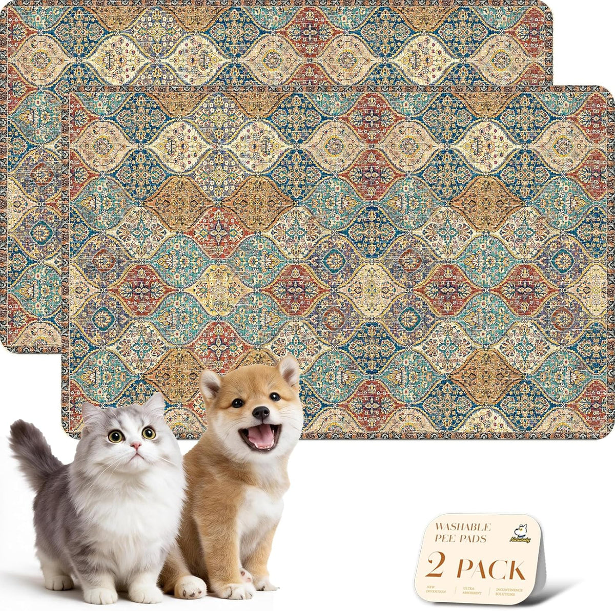 Washable Pee Pads for Dogs, Stylish, Non-Slip and Leak-Proof Pee Pads. Reusable Potty Pads for Dogs for Crates and Floors.(Cream/Multi, 18" X28" )