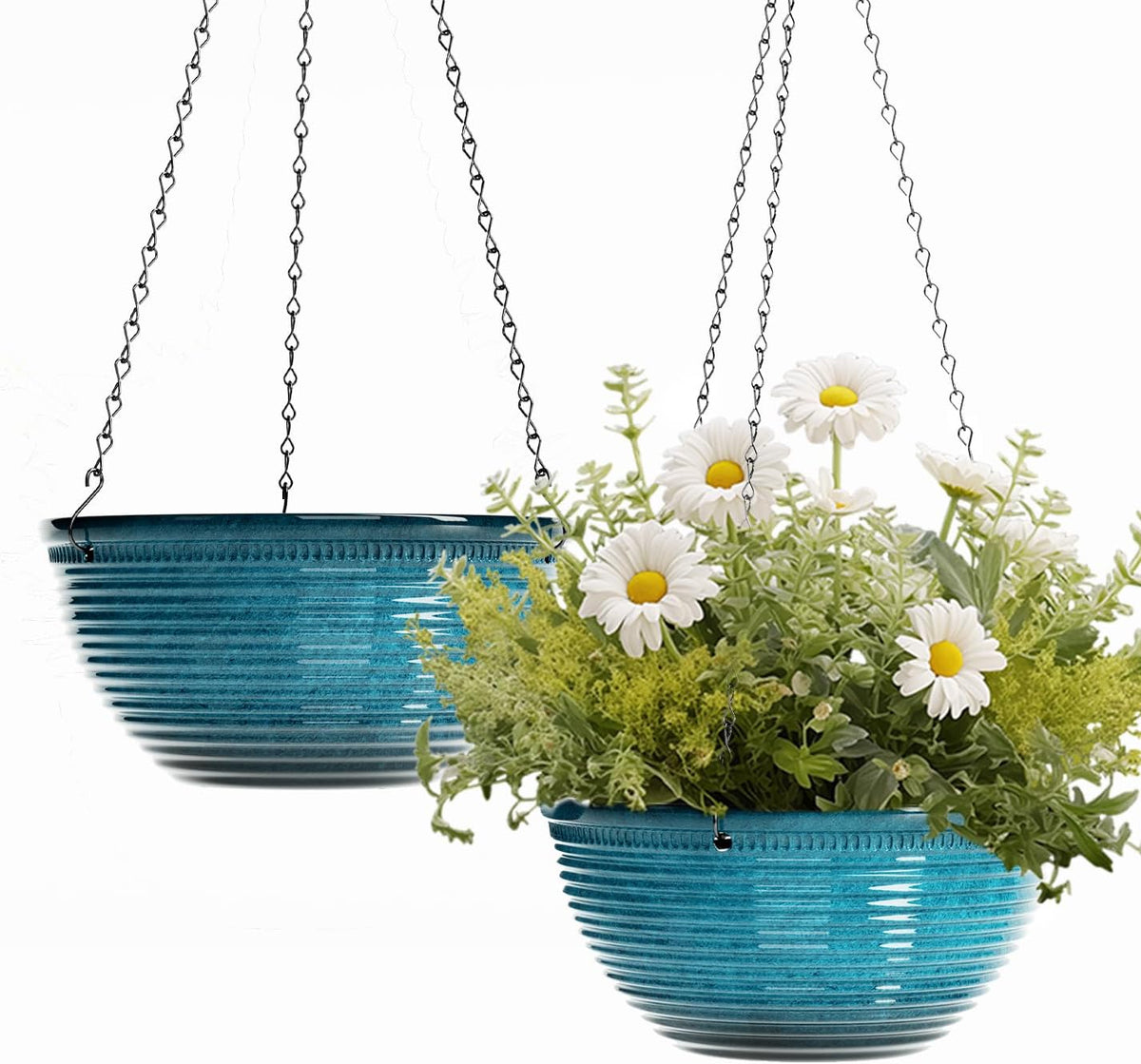 10 Inch Glazed Hanging Planters for Indoor Outdoor Plants, 2 Pack, Blue