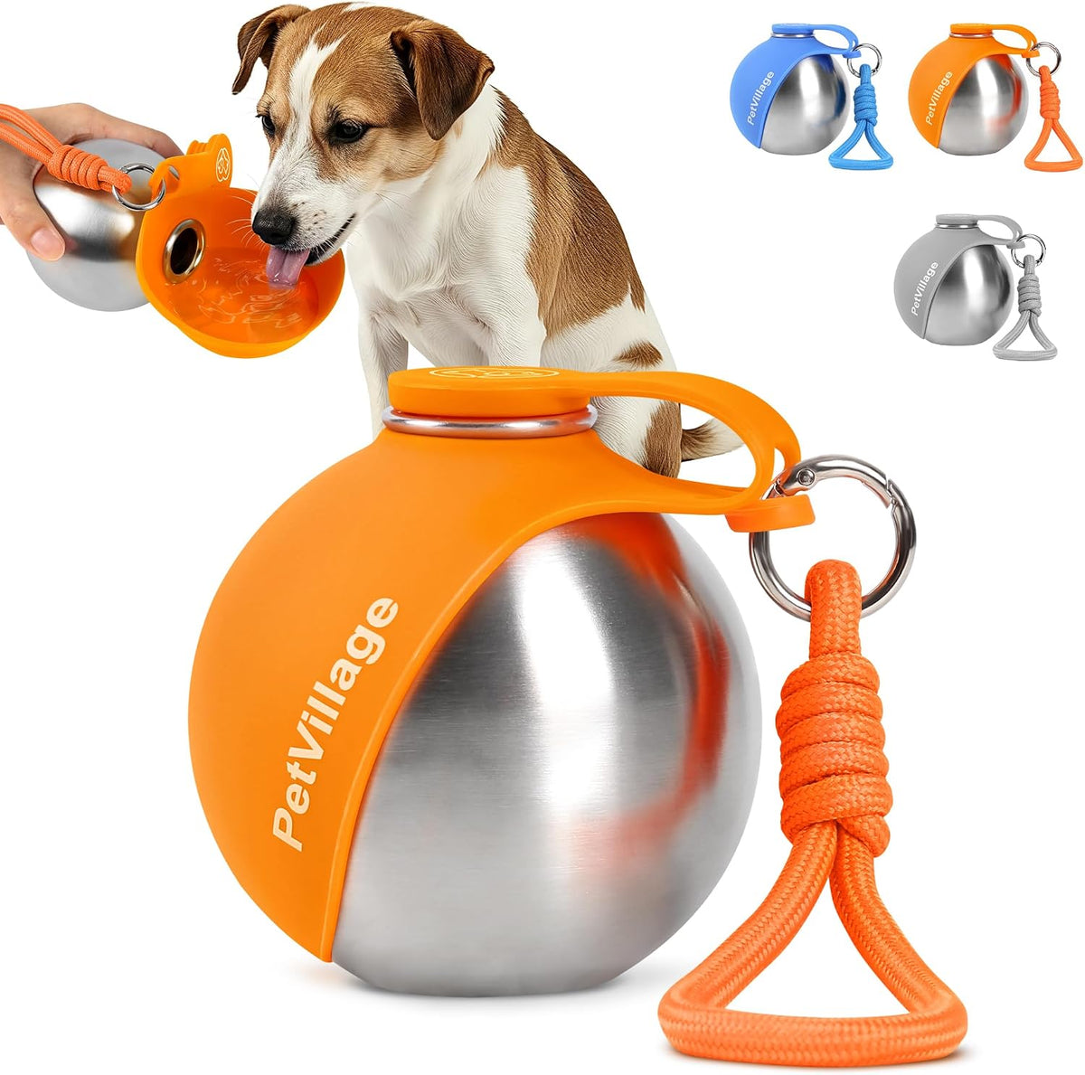 2-In-1 Dog Water Bottle with Foldable Bowl, Portable Leak-Proof Pet Travel Water Dispenser, Stainless Steel Dog Hydration Bottle for Walking, Hiking, Small Dogs Puppies, Pawsip Orange 10Oz