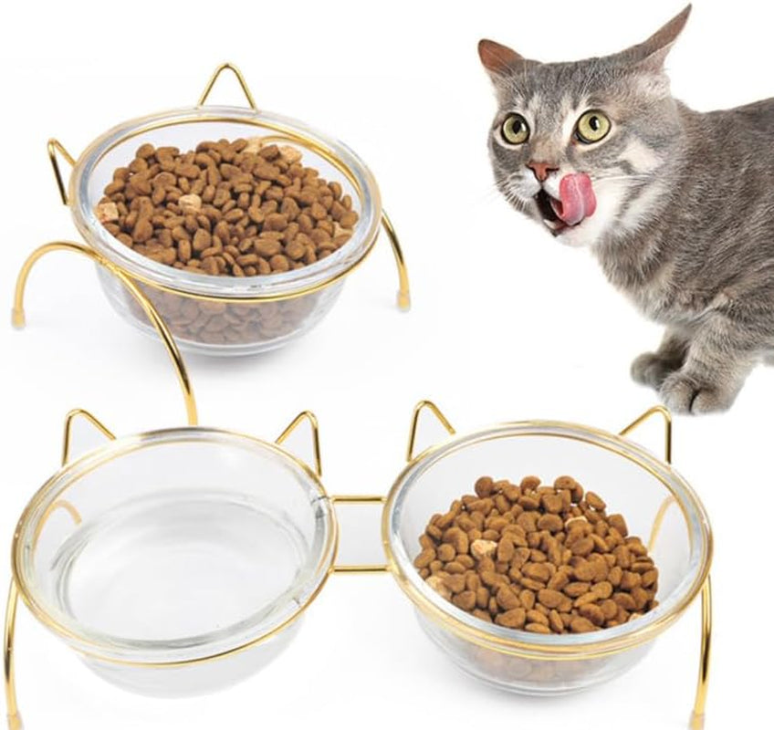 Elevated Glass Cat Bowl 15° Tilted Gold Stand – Neck-Saving Orthopedic Feeder for Indoor Cats & Small Dogs