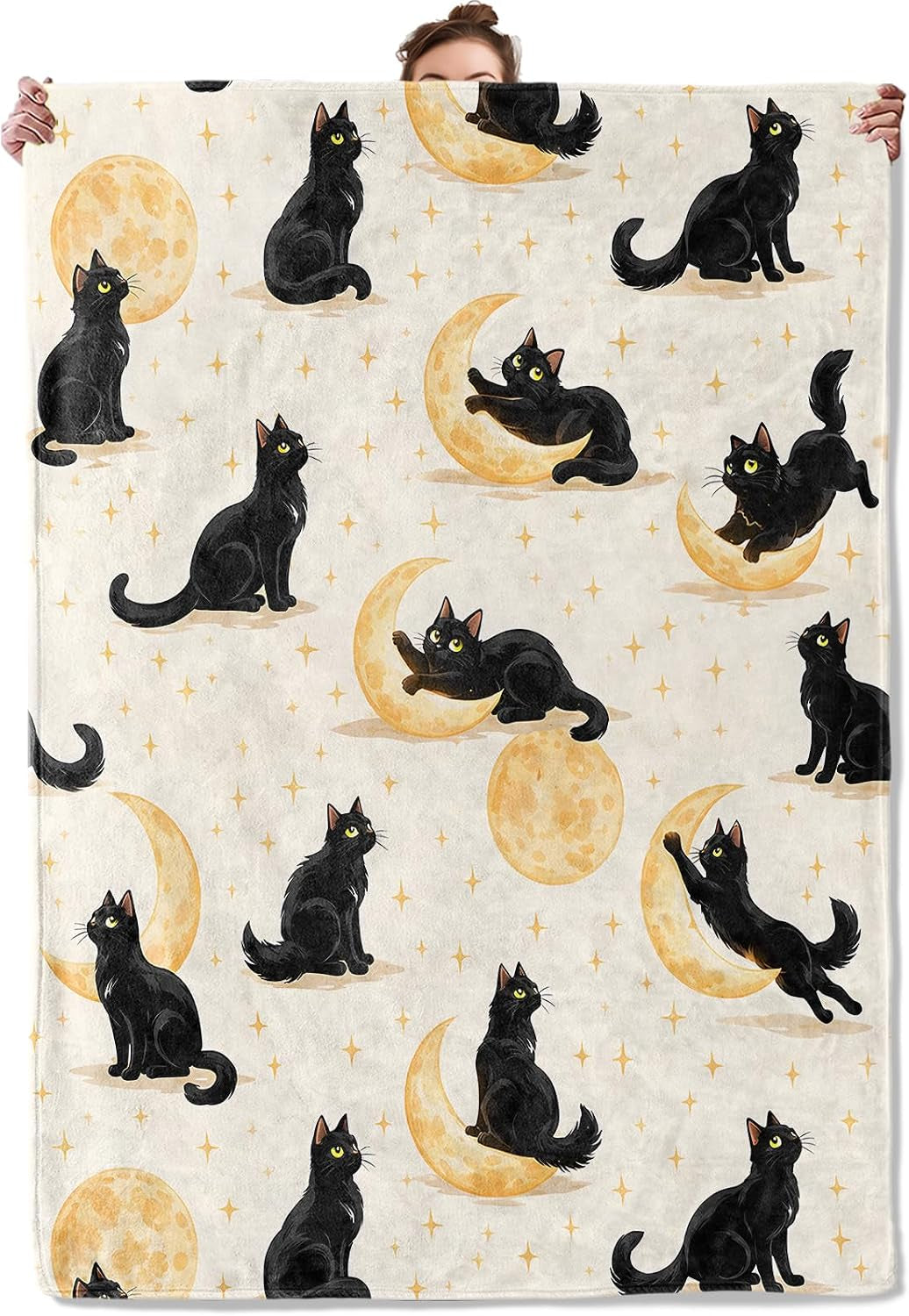 Black Cat Moon Flannel Blanket for Women Girls, Cute Kitten and Celestial Fleece Throw Blankets, Couch Bed Sofa Bedroom Dorm Reading Nook, Decorate Gifts for Pet Lovers, 50X60Inch