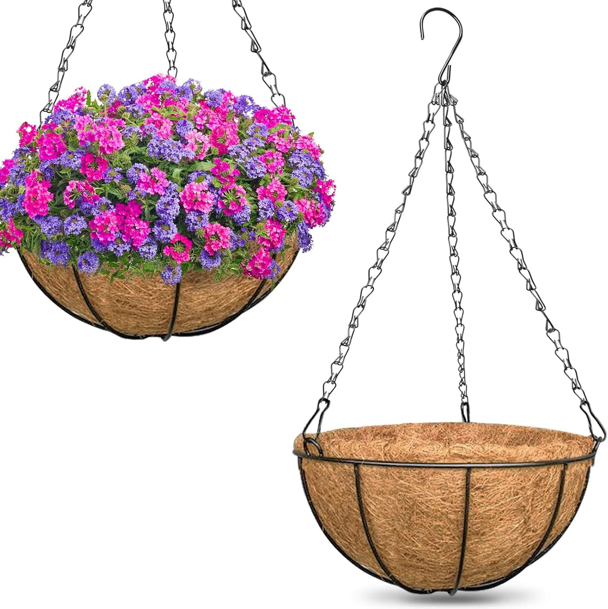 Zeedix 2 Pack 14 Inch Hanging Baskets for Plants Outdoor, Metal Wire round Planters with Coco Liner, Hanging Flower Baskets for Home Garden Porch Balcony Railings Decor