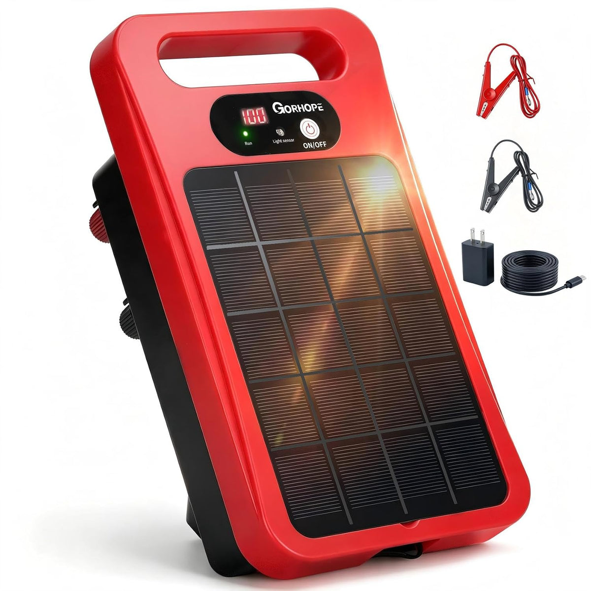 0.32J Solar Electric Fence Charger with Panel for Livestock, 20-Mile Red