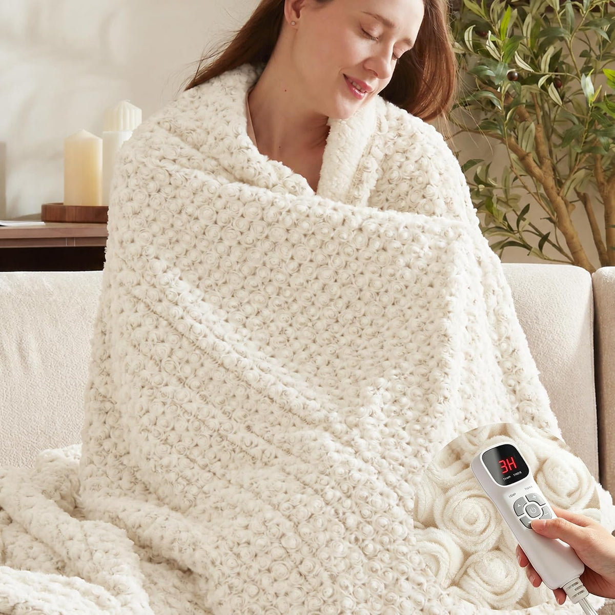 Rose Electric Heated Blanket,50X60 Heating Throw Luxury Soft Faux Fur Beige