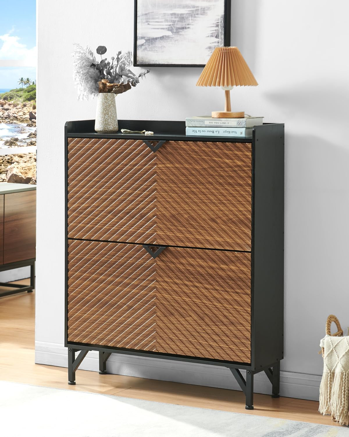 Slim Shoe Cabinet 2 Flip Drawers Narrow Storage Organizer Black&Oak