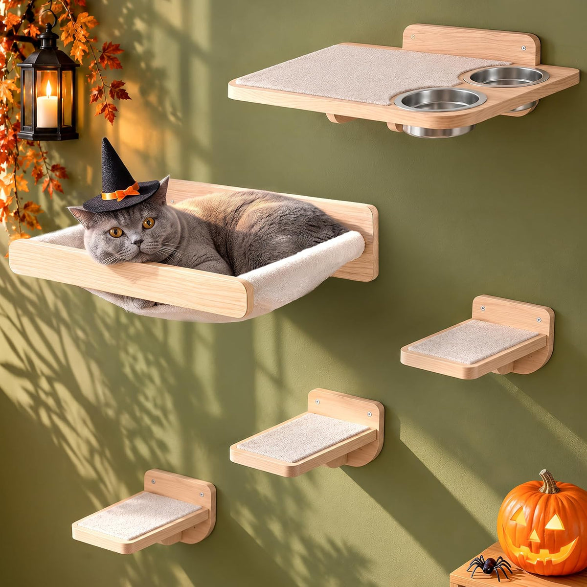 Cat Wall Shelves - Wall Mounted Cat Shelves with Feeding Station