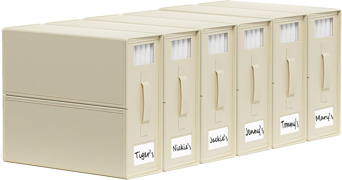 Sheetcube Bed Sheet Organizers and Storage 6 Pack, Foldable Linen Closet Organizer with Window and Label, Bedding Folder Storage Box Container for Blanket, Duvet Cover Set, Bed Sheet Set - Beige