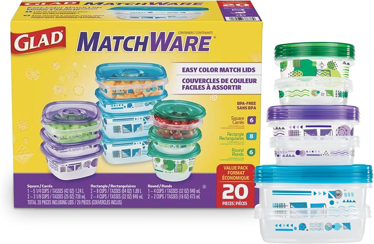 Glad Gladware Matchware Food Storage Containers, 20 Piece Variety Pack