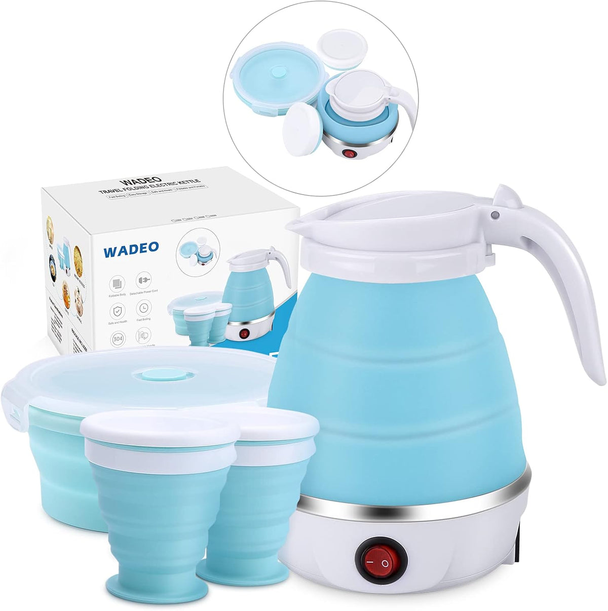 Portable Electric Kettle Travel Size, 600ML Small Foldable Tea Coffee Kettle with Collapsible Bowl and Cups, 5 Min Fast Water Boiling, BPA Free Food Grade Silicone, 110V 400W