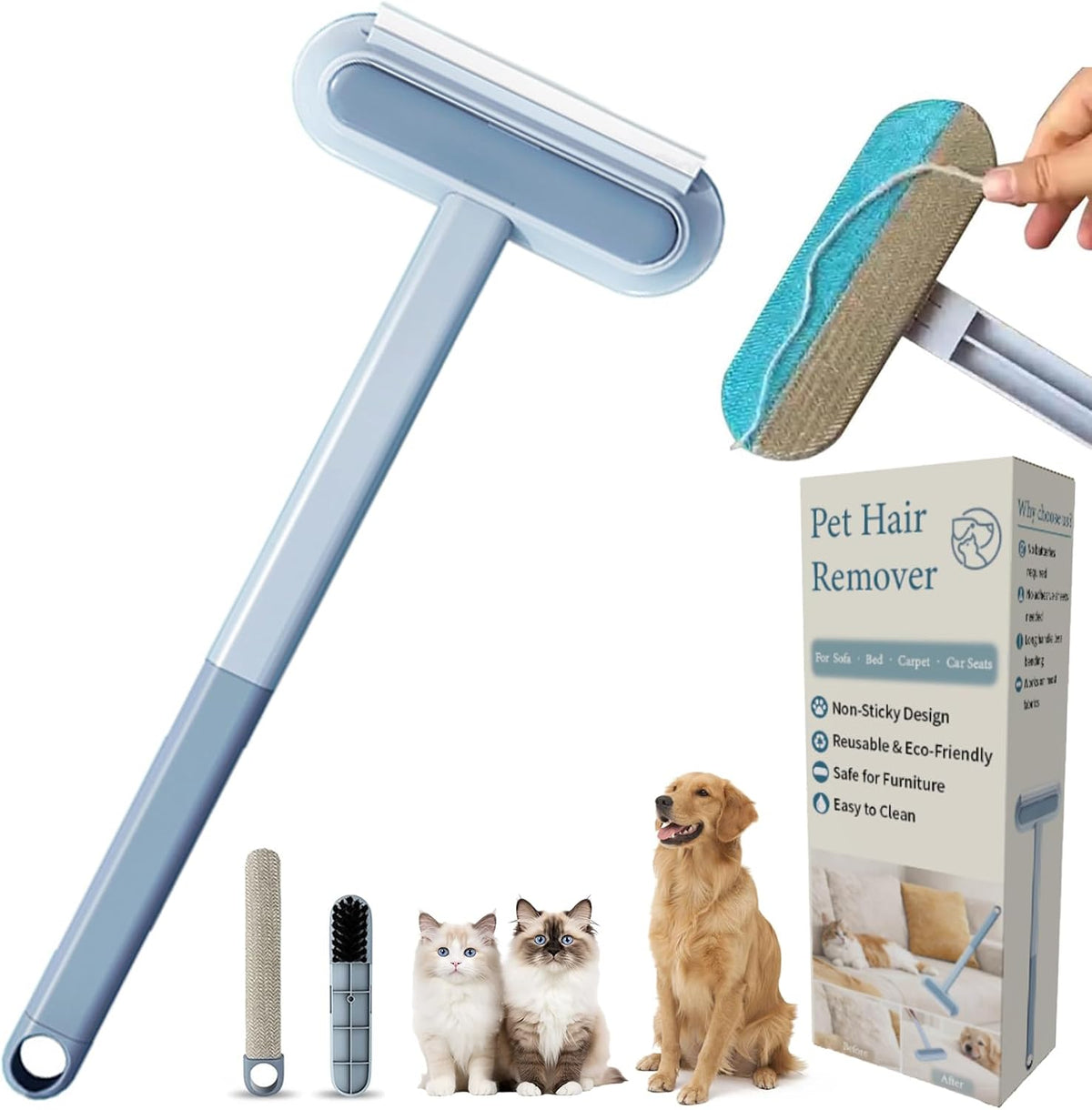 Cat Hair Remover 4-In-1 Multi-Functional Pet Hair Remover Brush,17.7Inch, Reusable Washable Lint Cleaner for Dog and Cat Hair, Gentle on Furniture, Sofas, Pet Beds, Bedding, Carpets, Clothing