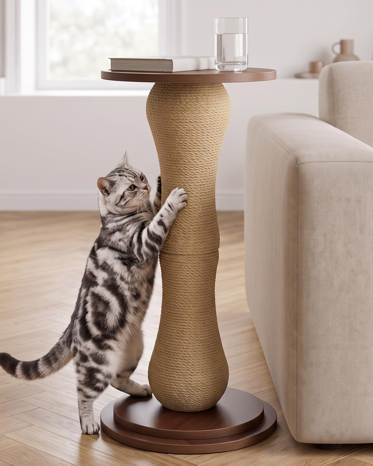Odoland Cat Scratching Post for Indoor Cats, Large Sturdy Cat Scratcher with Double-Layer Solid Wood Base Side Table for Living Room Bedroom, Tall Natural Sisal Post for Adult Cat & Kitten