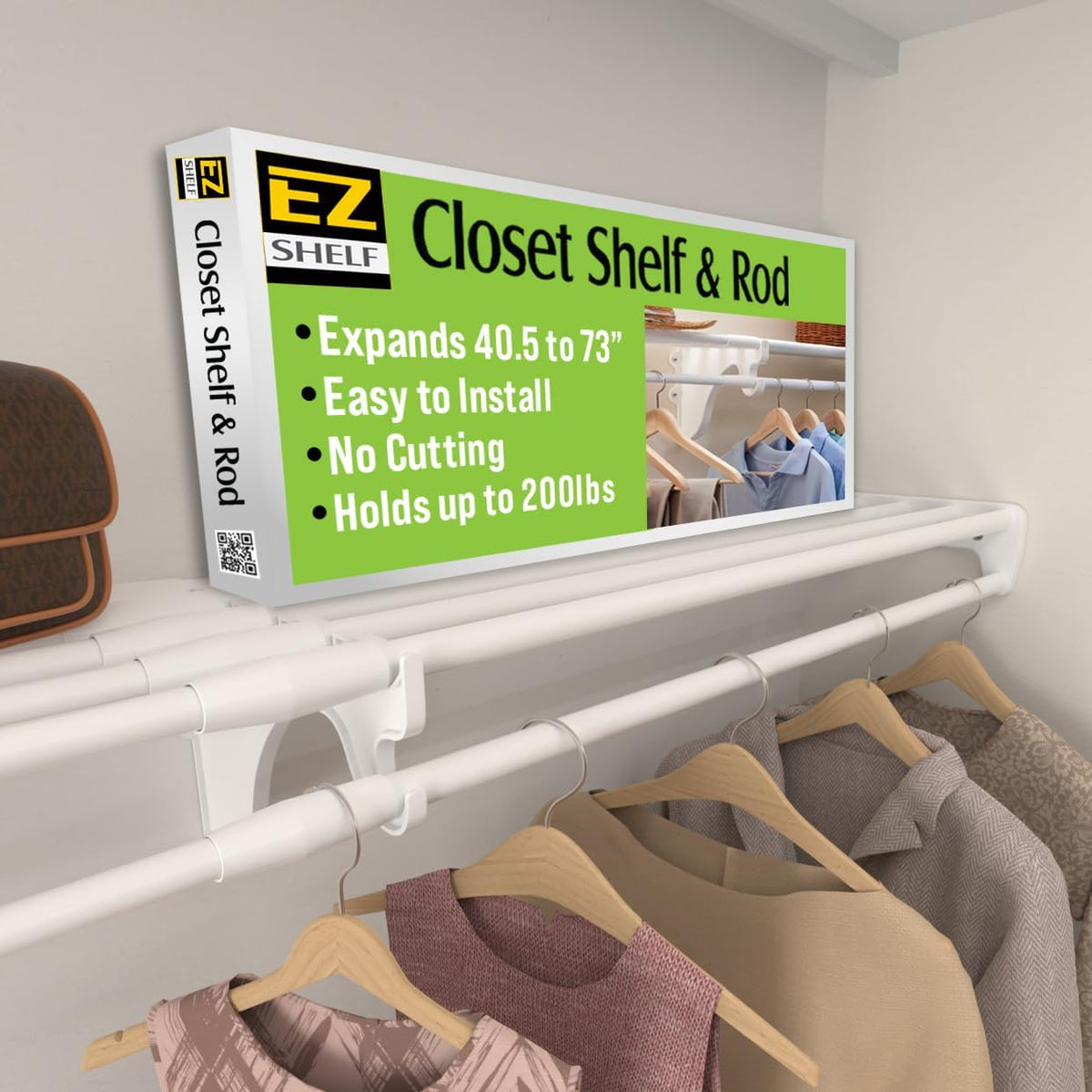 EZ SHELF- Closet Shelf with Hanging Rod, Expands 40.5-73", White, Closet Shelves Hold 200 Lbs, Easy Install Closet Organizer to 2 Side Walls, Alternate for Closet Wire Shelving & Laundry Room Shelves