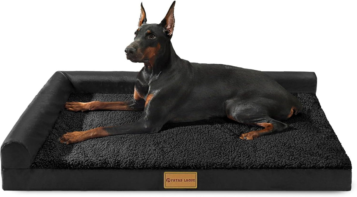 Patas Lague Orthopedic Dog Bed Large Sized Dog 36''X24'', Waterproof L Bolster Medium Pet Sofa Beds with Removable Washable Cover, Soft Pet Couch Crate Mat with Nonskid Bottom, Black