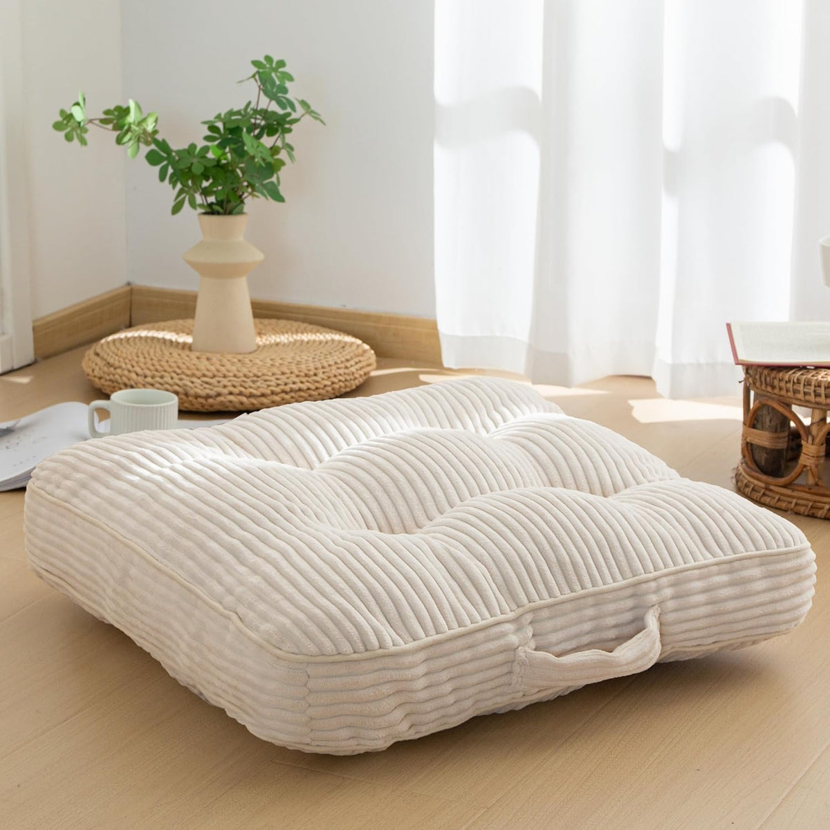 HIGOGOGO Floor Pillow Cushion for Adults, Meditation Cushion Pillow, Large Square Floor Sitting, Tufted Corduroy Cover, for Tatami Living Room or Yoga, 22X22 Inch, Beige