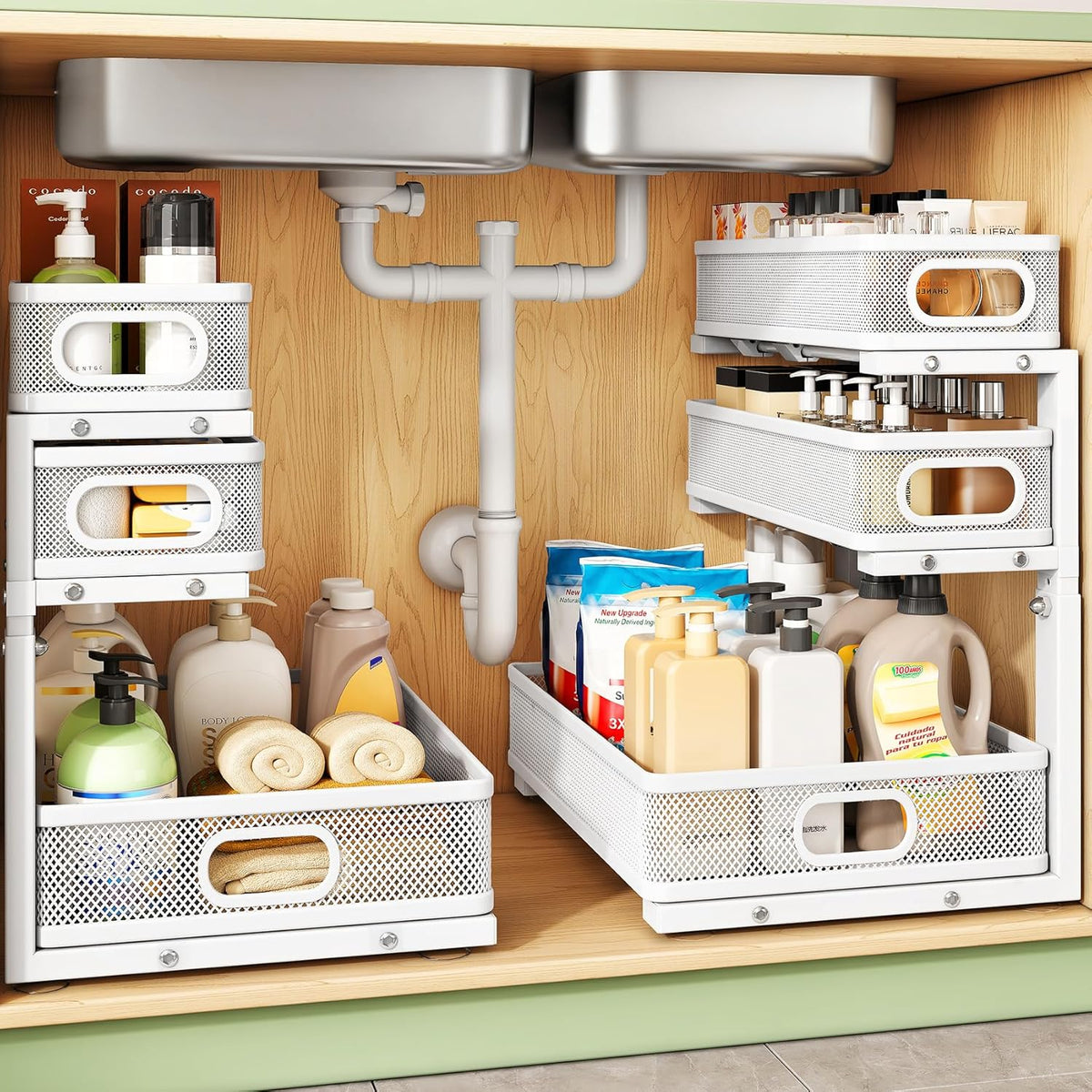 Kitstorack under Sink Organizer, 2-Pack 3-Tier Height Adjustable Thickened Metal Pull Out Cabinet Organizer Shelf, Slide Out Storage Drawer Rack for Bathroom Kitchen Pantry Home Laundry Organization