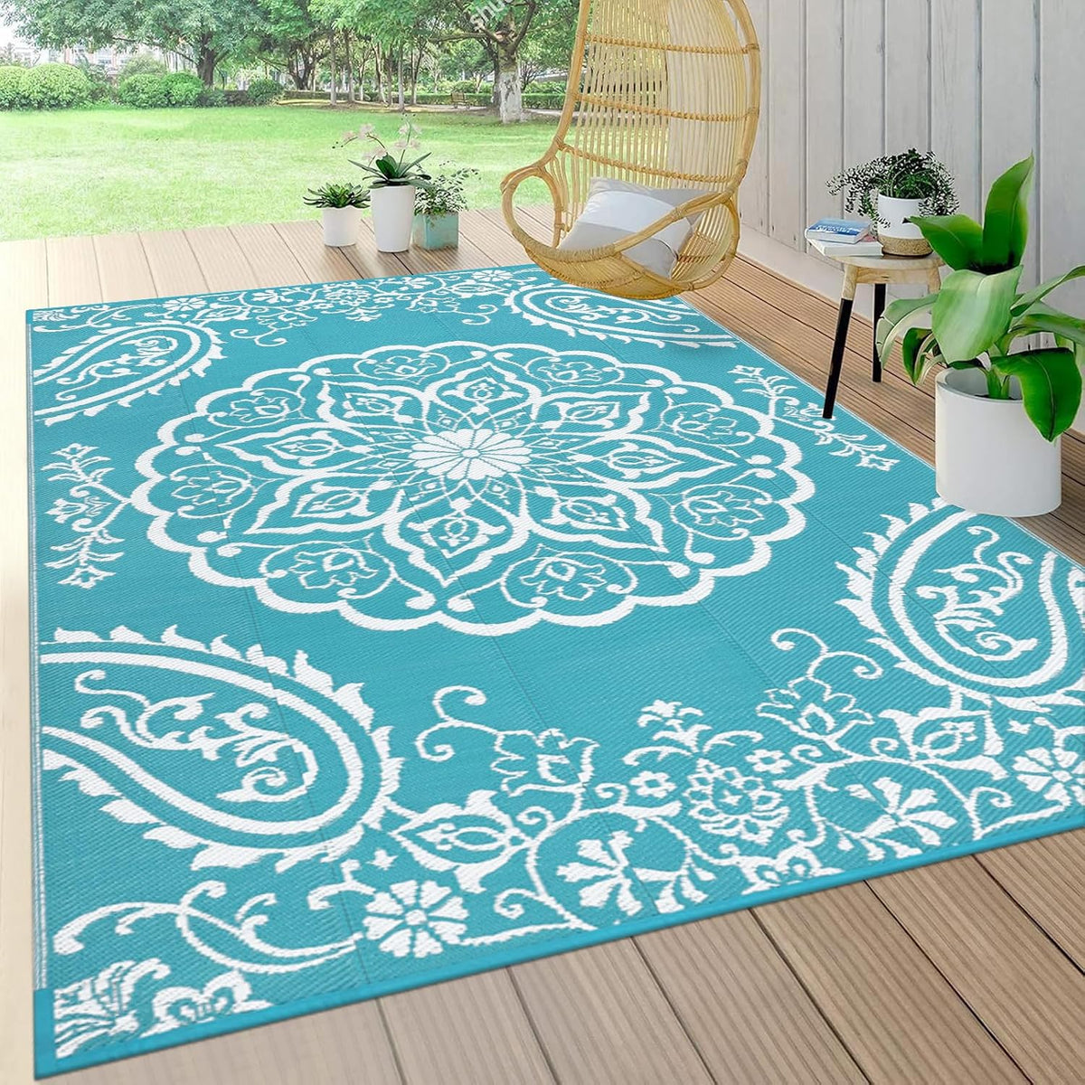 Pauwer Outdoor Rug 5X8, Waterproof Plastic Straw Camping Rug, Boho Teal