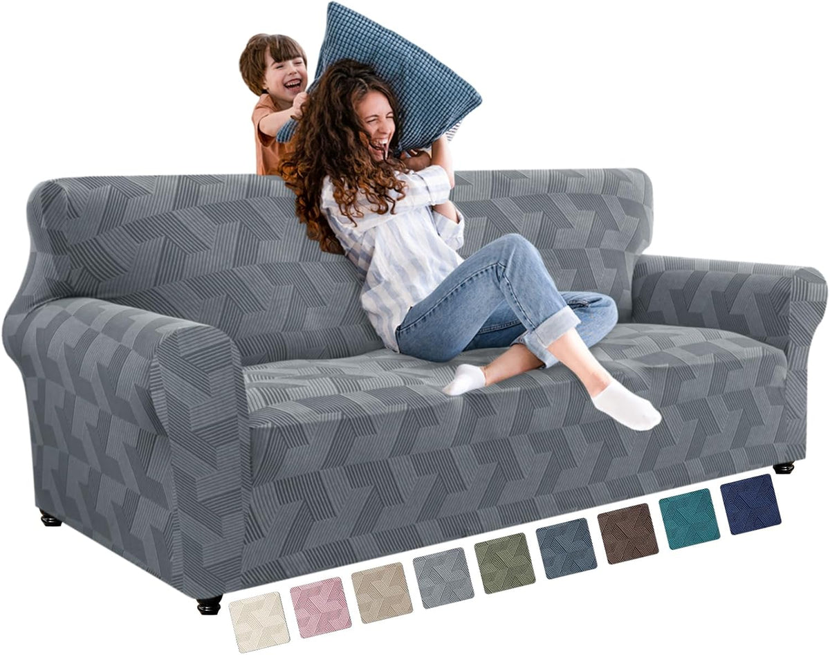 JIVINER 1 Piece Couch Cover for 3 Cushion Couch, High Stretch Sofa Covers with Elastic Bottom, Washable Sofa Slipcovers for Dog, Pets Feature Geometrical Jacquard Fabric (Sofa, Light Grey)
