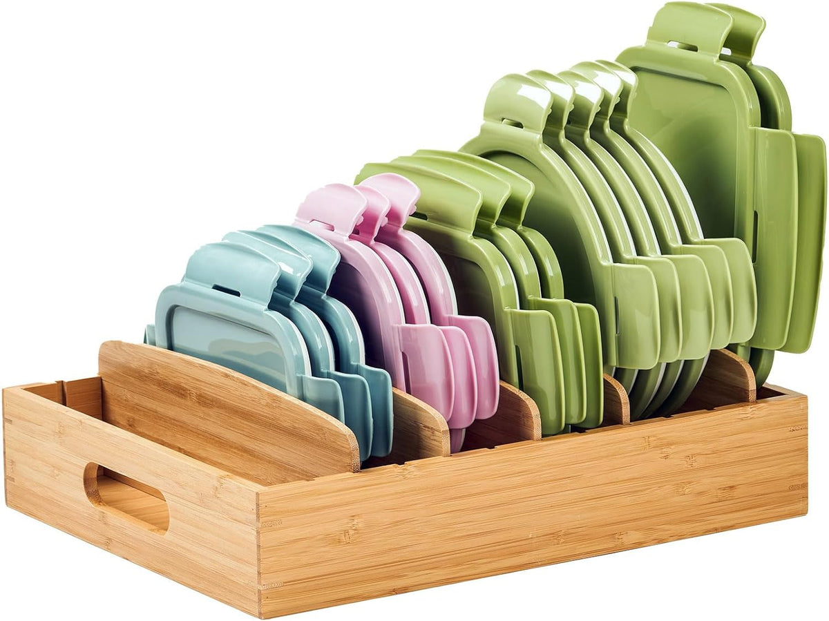 Umilife Large Bamboo Food Container Lid Organizer for Kitchen Cabinet