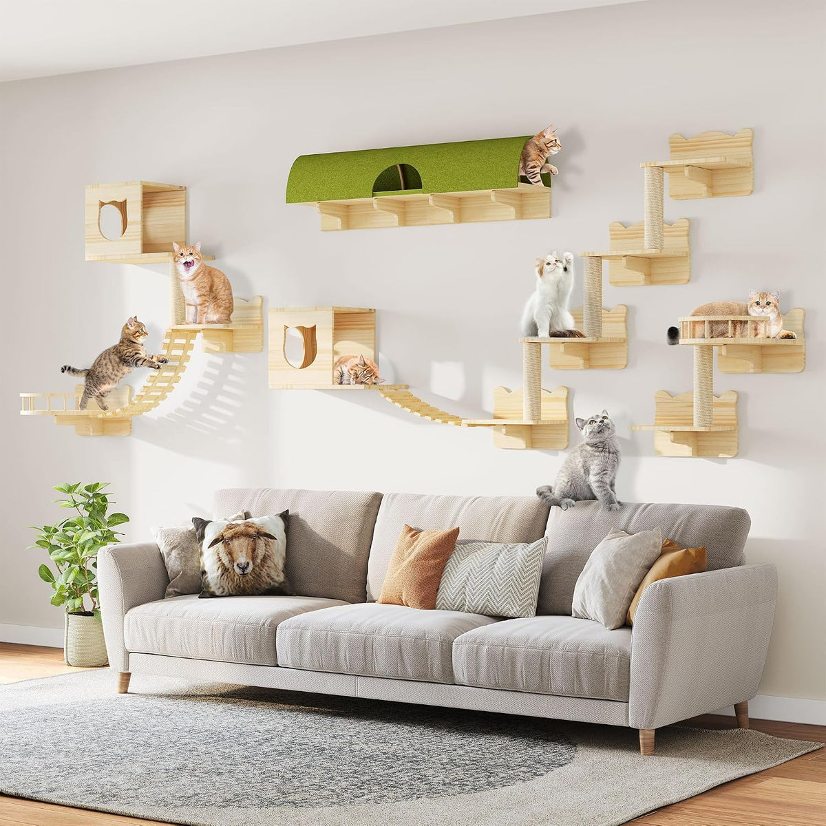 Cat Shelves for Wall, 18-In-1 Cat Wall Furniture W/Tunnel & Bridge