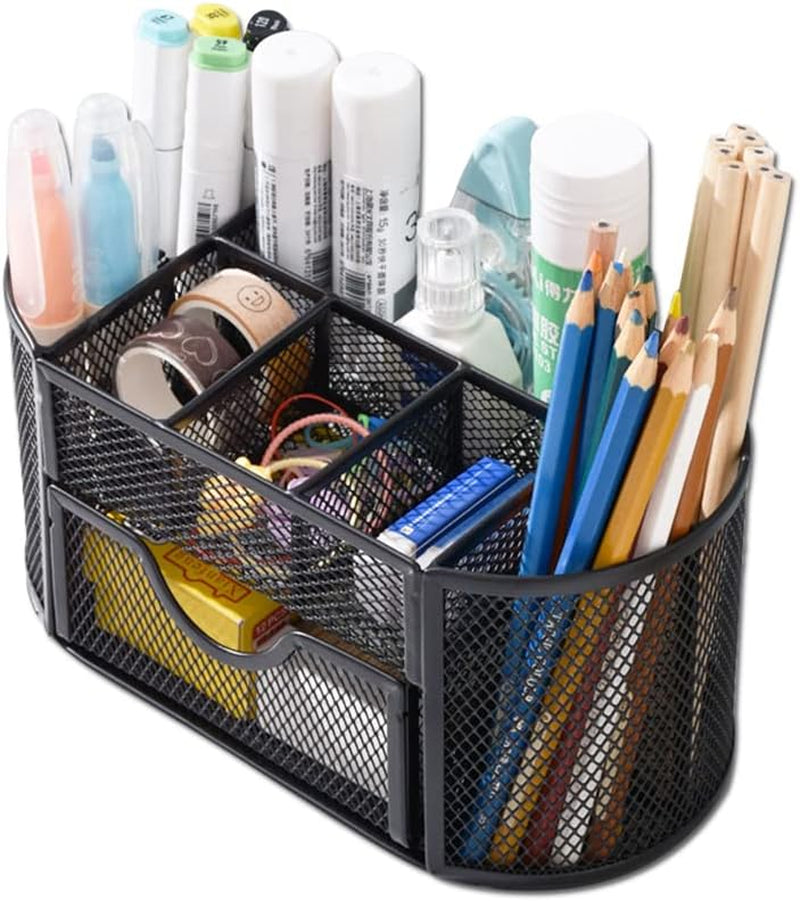 Desk Organizer Stationery Storage, Pencil Holder for Desk, Wire Mesh Office Supplies Desk Accessories Workspace Organizers with 9 Compartments and Mini Drawer (Black)