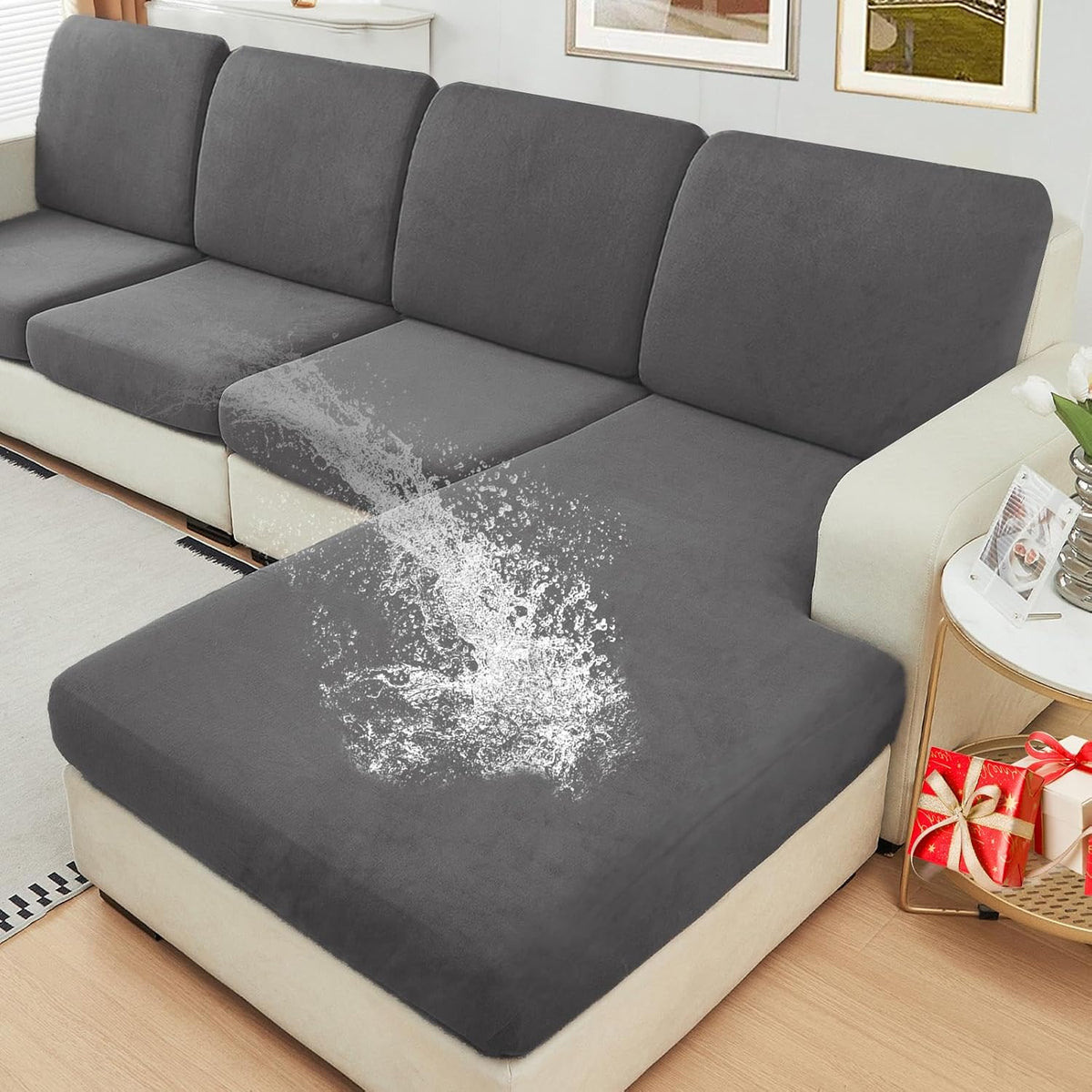 NAISI Waterproof Couch Cushion Covers Thick Velvet Fabric Washable Sofa Slipcovers Sectional Couch Covers for 4 Pieces Separate L Shape Couch Cover with Elastic Bottom(3 Seater + 1 Chaise,Grey)