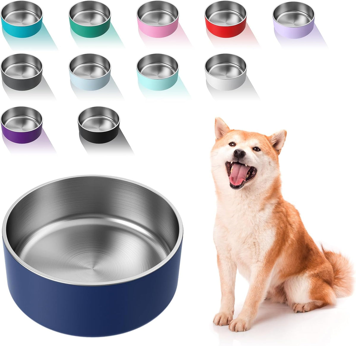 WENBOKMIN Dog Bowl, Stainless Steel Food and Water Bowl, 64Oz, Blue | Non Slip Quiet Bottom, Easy to Clean, Dishwasher Safe