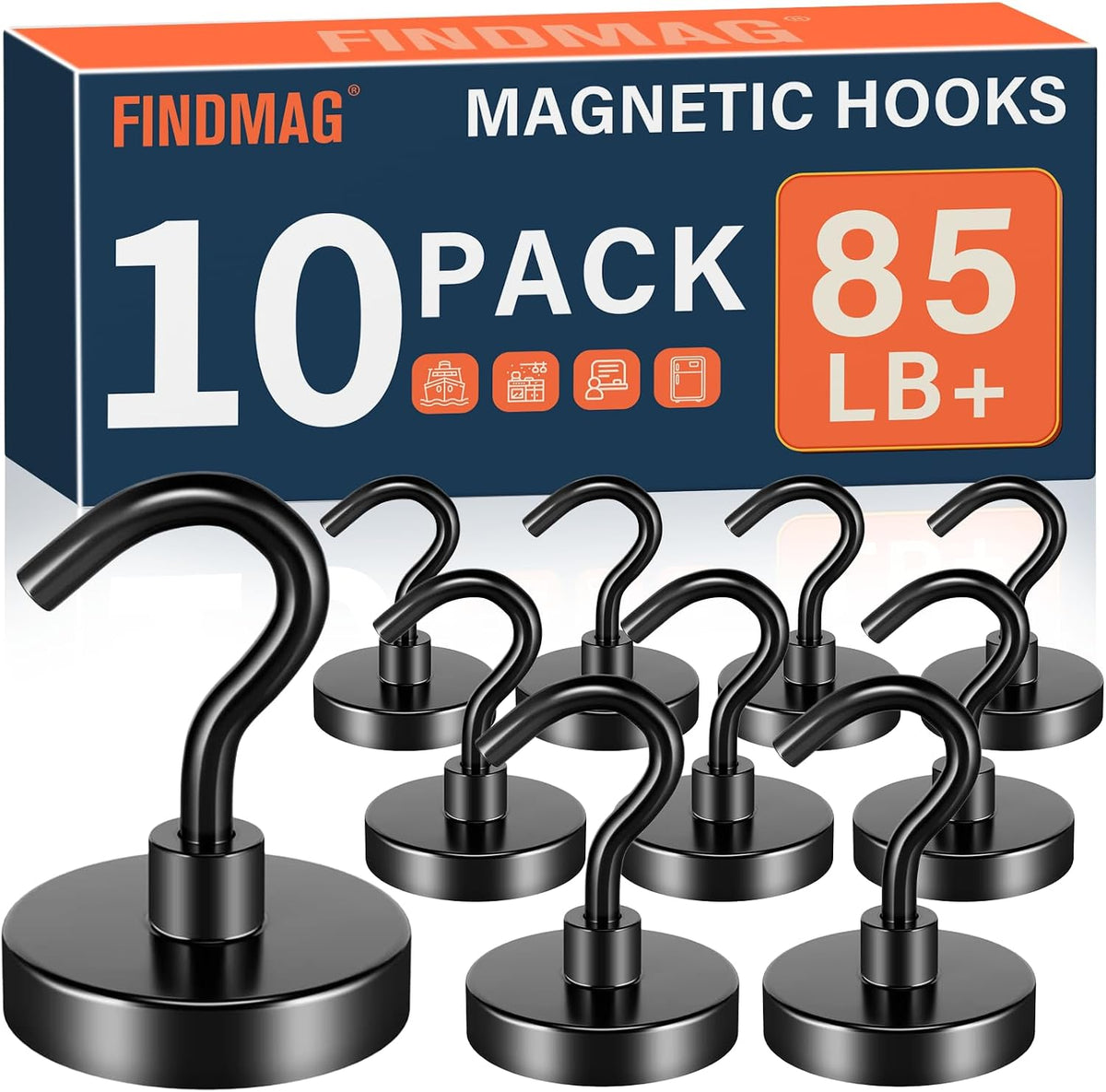 FINDMAG Black Magnetic Hooks for Cruise Cabins, 10 Pack 85 LB+ Magnet Hooks