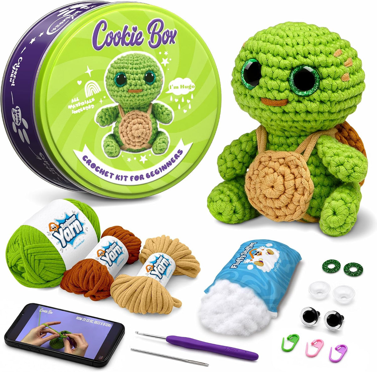 Cookie Box Crochet Kit for Beginners, Turtle Hugo
