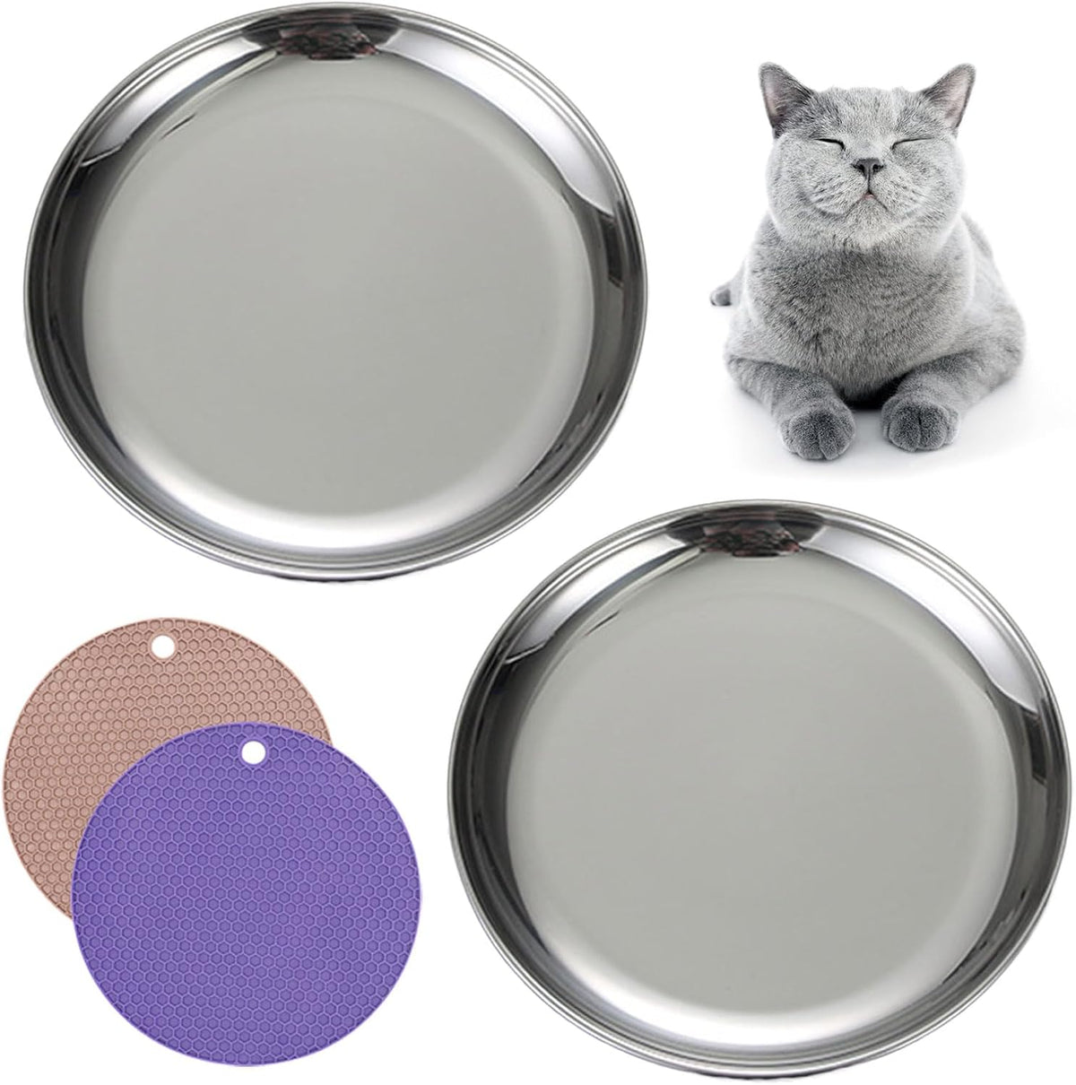 Stainless Steel Cat Plates Wet Food Dishes Shallow Bowls with Non-Slip Mats