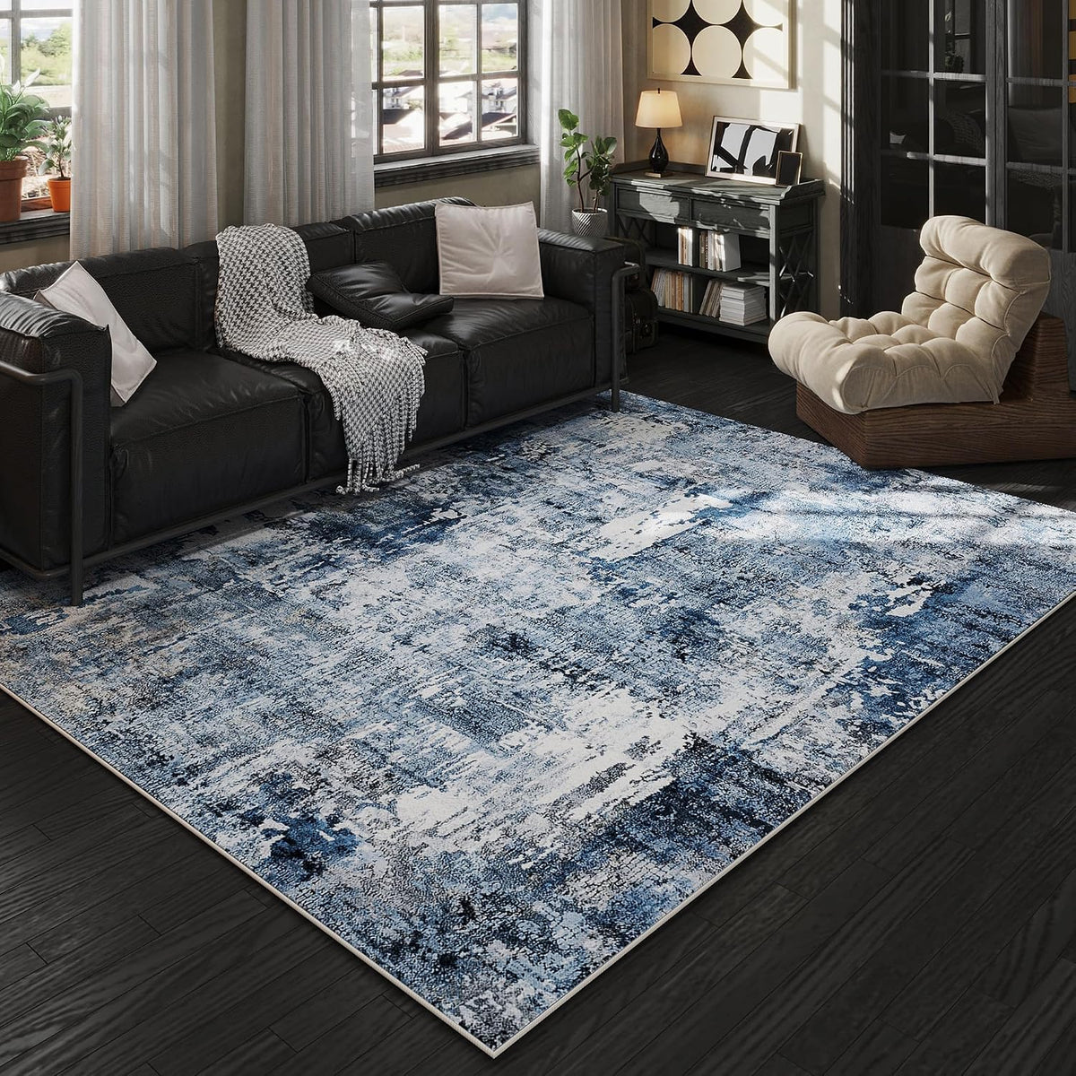 Rugcomf Area Rug 5X7 for Living Room Washable Vintage Abstract, Blue