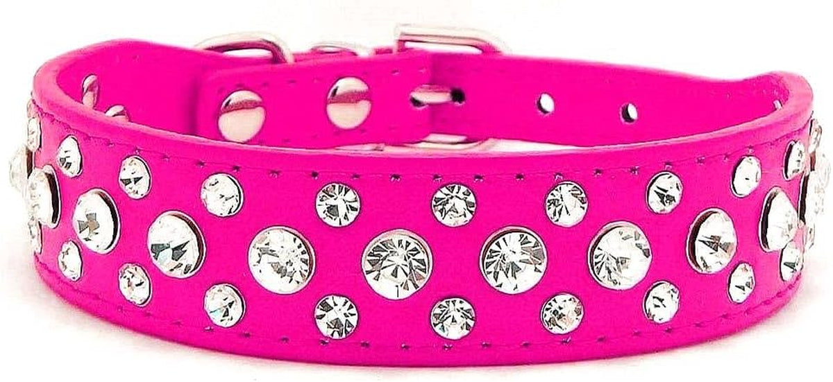 Rhinestone Dog Collar, Bling Rhinestone PU Leather Crystal Diamond Pet Dog Cat Puppy Collar Black S M L XL (XL, Hot Pink)