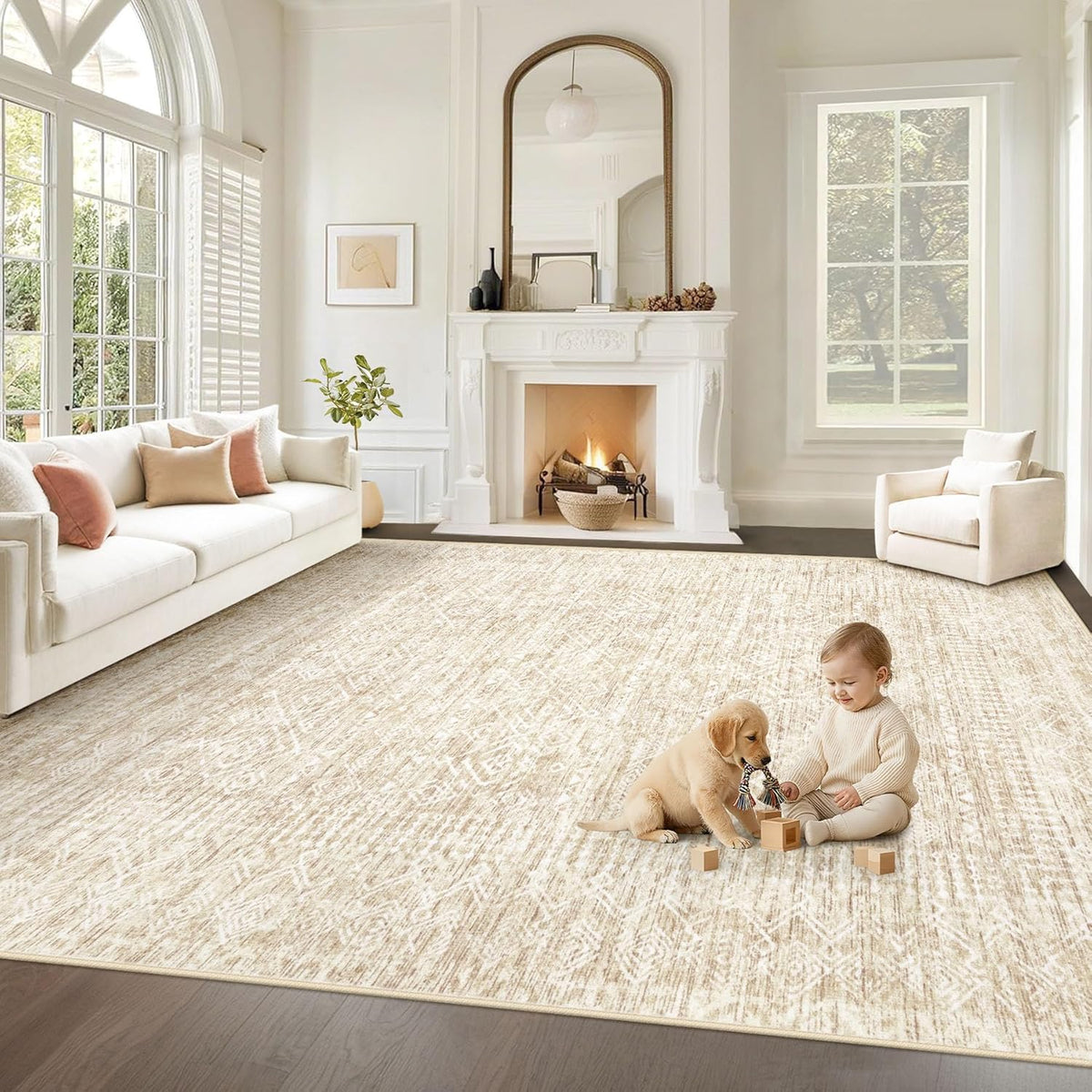 Living Room Rugs 8X10: Washable Moroccan Geometric Boho Rug Farmhouse Non Slip Stain Resistant Large Rug Low Pile Soft Carpet for Bedroom Dining Room Children Room (Beige,8'X10')