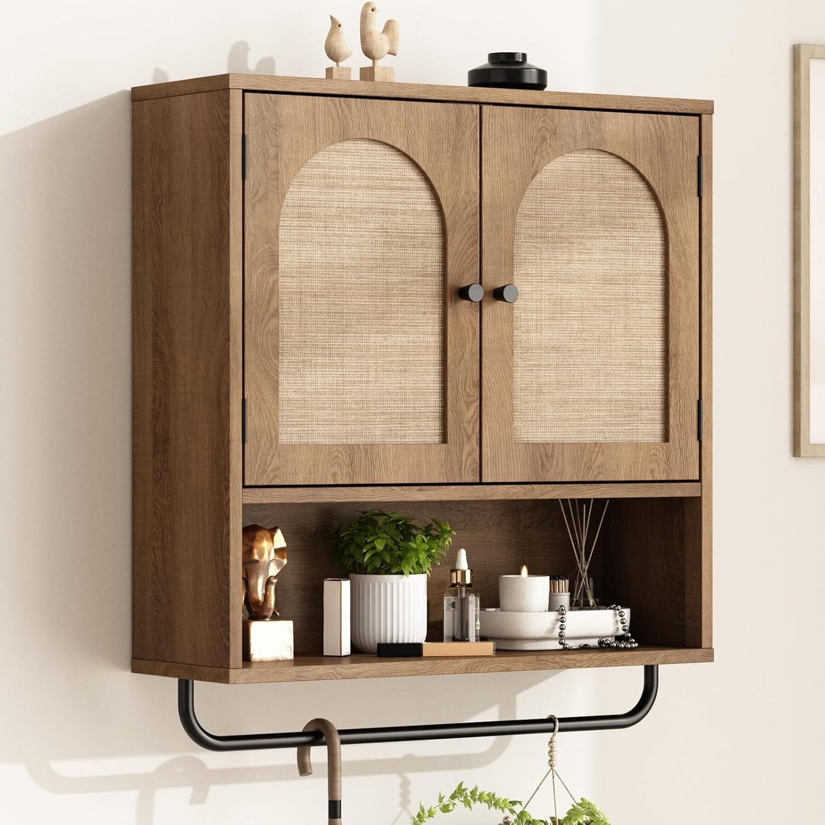 RUSTOWN Rattan Bathroom Wall Cabinet, Boho Medicine Cabinet with 2 Doors