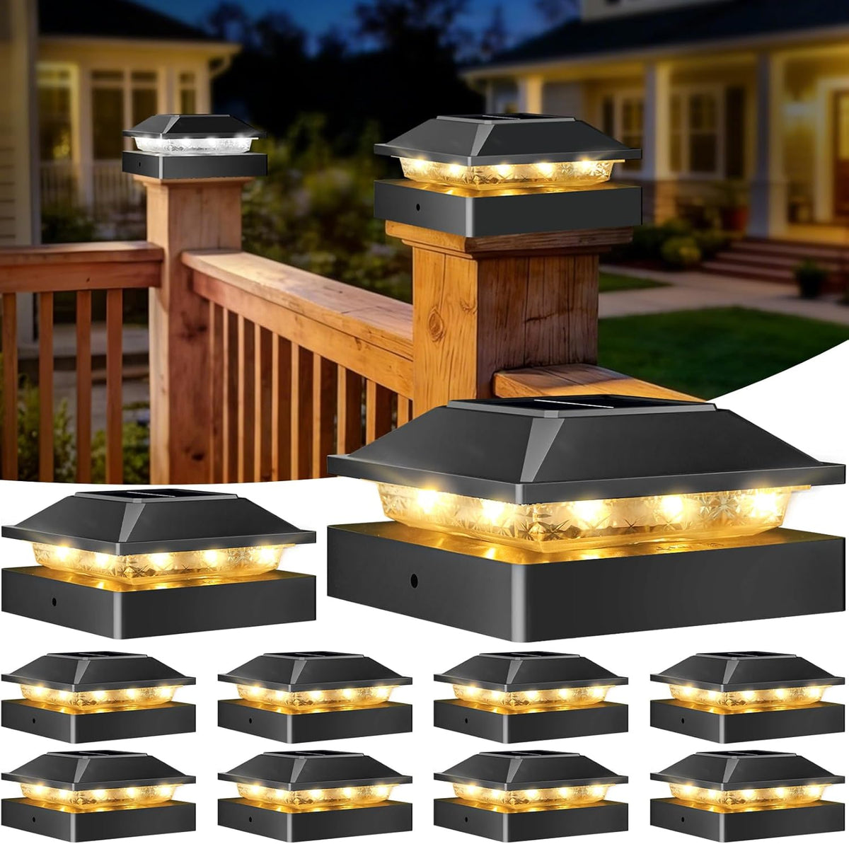 Peasur 4X4 Solar Post Cap Lights 10 Pack,2 Modes Post Lights Solar Powered