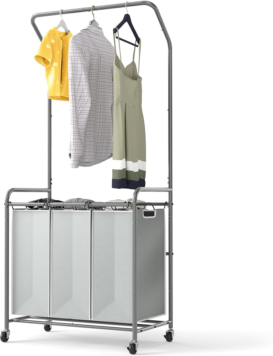 ROMOON Rolling Laundry Basket Organizer with Hanging Clothes Rack: 3 Section Laundry Hamper Sorter with Hanging Bar and Heavy-Duty Lockable Wheels - Clothes Rack with Laundry Baskets, 2025 Upgrade