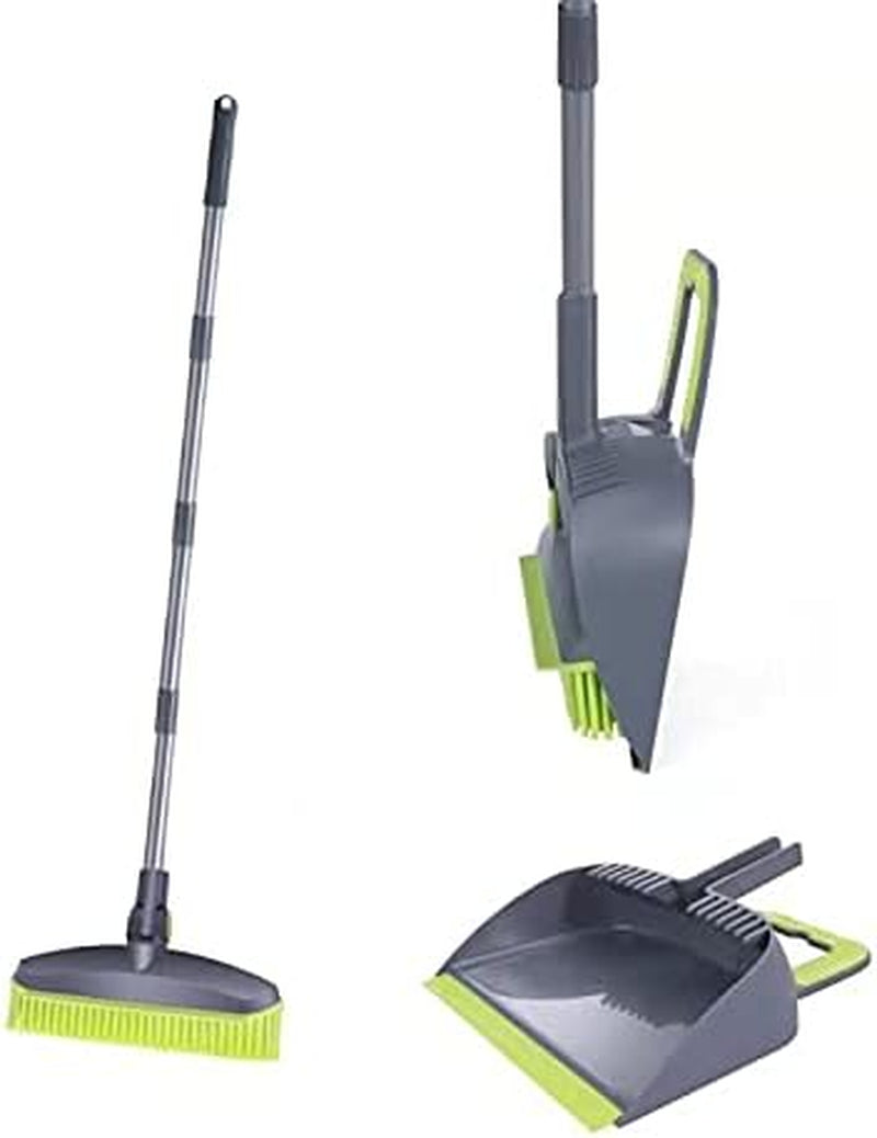 Adjustable Rubber Push Broom and Dustpan Set,Self Cleaning Indoor Outdoor Angle Brooms with Dust Pan for Home,Long Handle for Floor Sweeping, Kids,Carpet Dog Cat Pets Offices Use