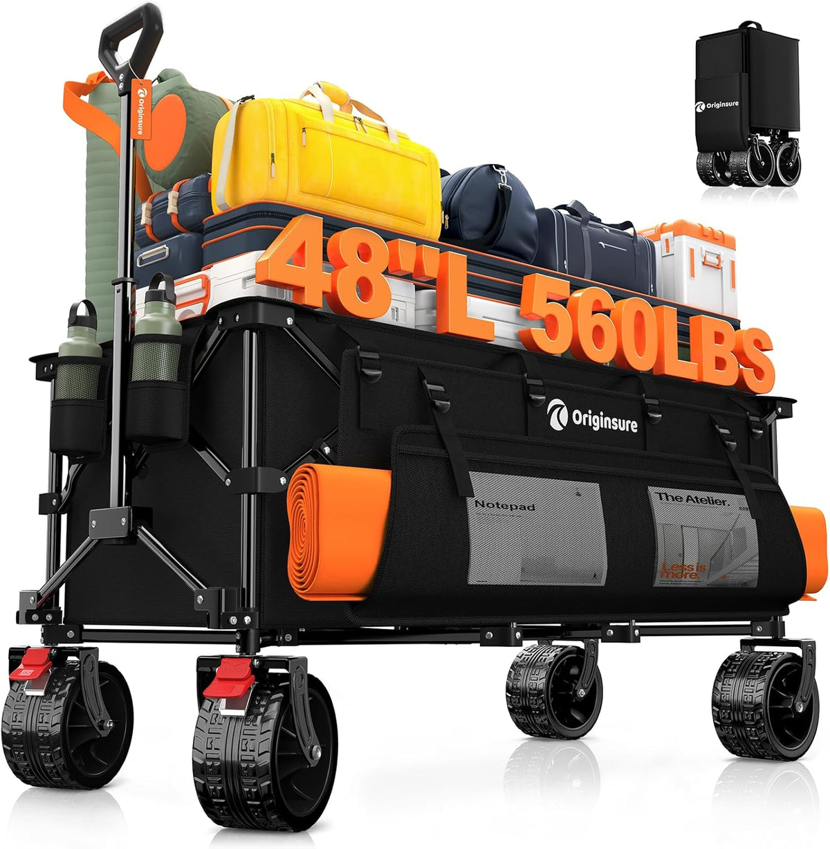 Originsure 300L Collapsible Beach Wagon Cart with Big Wheels, 560Lbs, Black