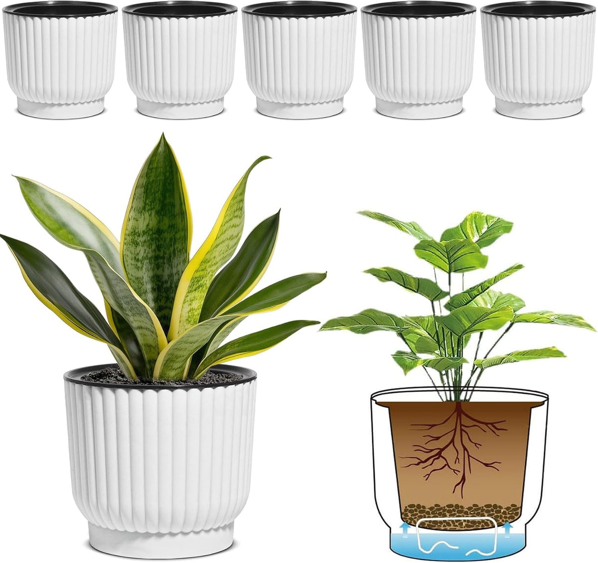 T4U Self Watering Pots for Indoor Plants, 6 Inch 6 Pack Planter White