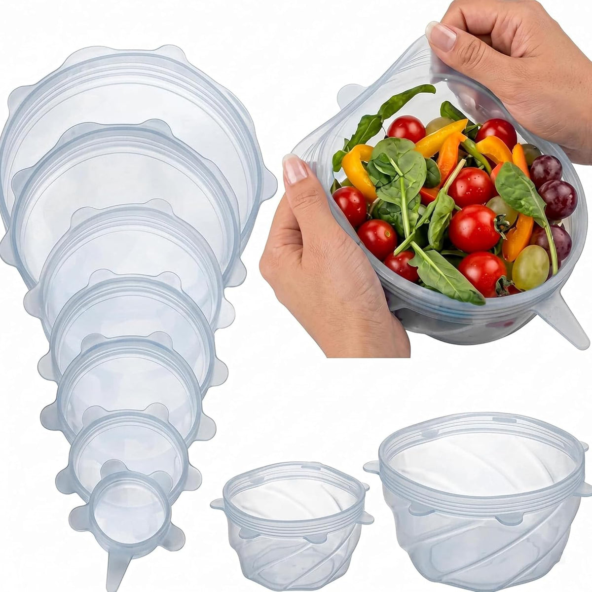 Reusable Silicone Stretch Lids, 6-Piece Food Storage Covers, Airtight & Leakproof Silicone Bowl Covers, Bpa-Free, Microwave, Freezer & Dishwasher Safe for Bowls, Cups & Containers