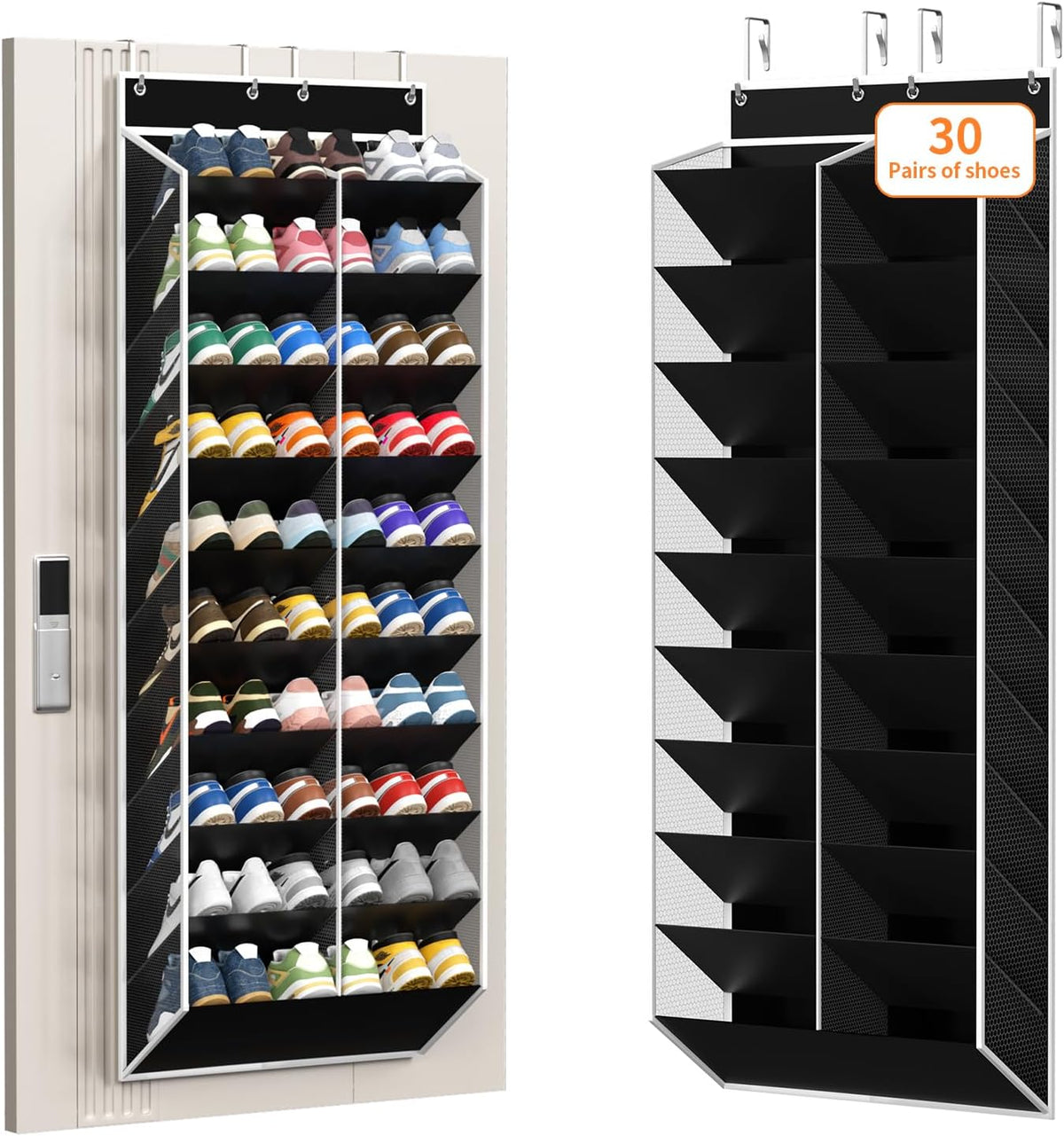 KEEPJOY 20-30 Pairs over the Door Shoe Organizer, Mesh Hanging Shoe Rack for Door Storage with 20 Wide Deep Pockets,10-Tier Black Door Shoe Holder Fits Sneakers, Boots.