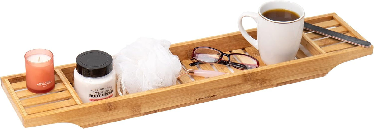 Mind Reader Bathtub Tray, Shower Organizer, Bathroom Accessory, Wood Tray, Rayon from Bamboo, 27.5" L X 5.75" Wx 1.75" H, Brown