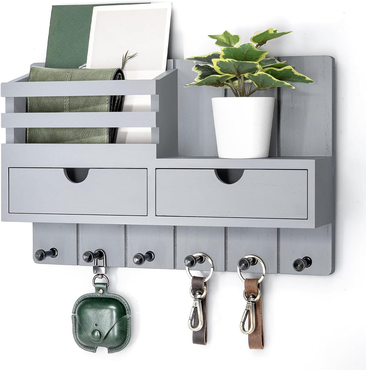 Key Holder Wall Mount with 2 Drawers for Home Decor, Gray