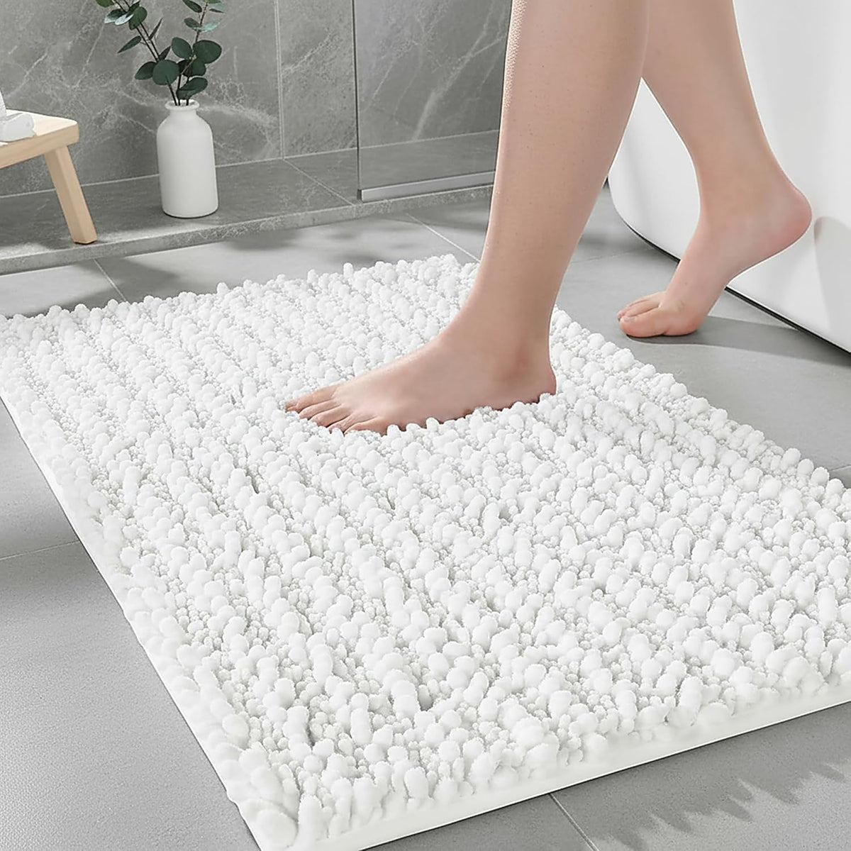 Chenille Bathroom Rugs 32X20 Absorbent Soft Non Slip, White