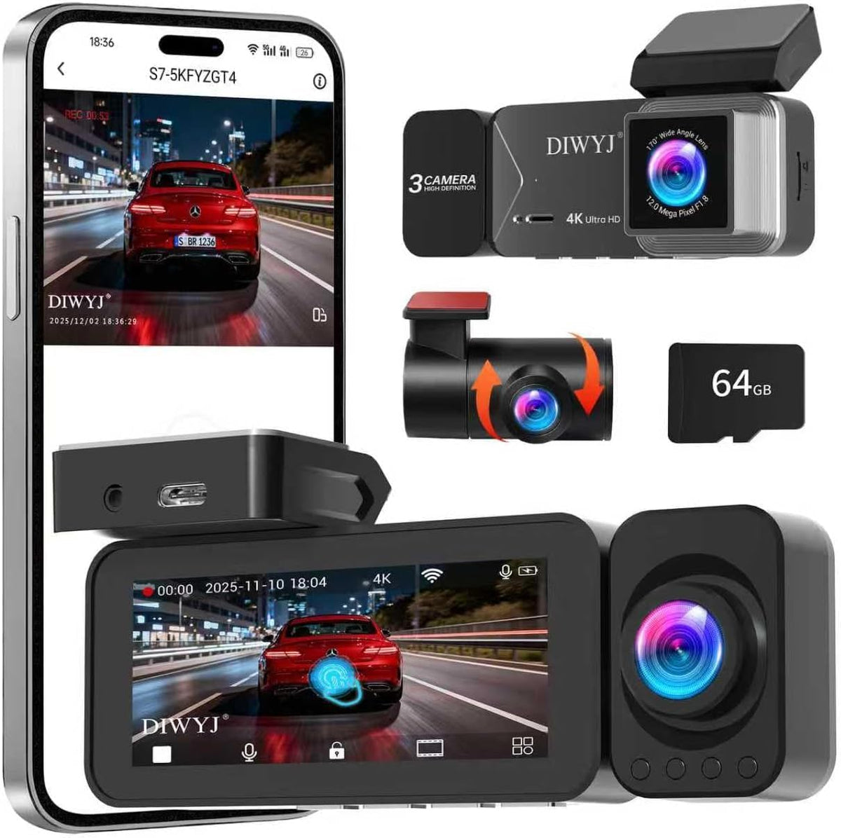 Dash Cam Front and Rear, 3-Channel,4K+2.5K+1080P with 170° Fisheye Lens, Full HD Dash Camera for Cars, 5Ghz Wifi, IR Night Vision, WDR, 64GB Card Included