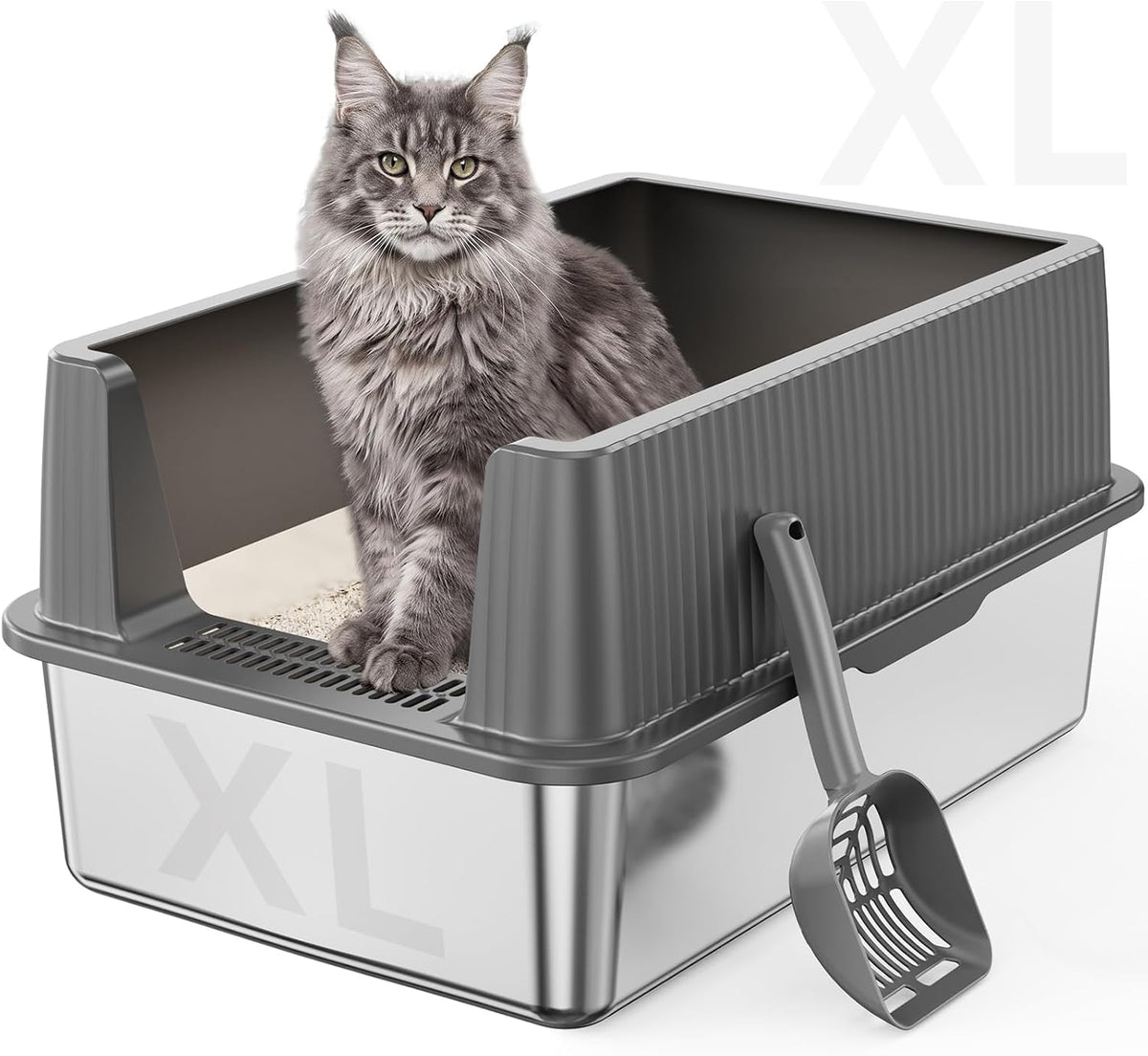 Suitfeel XL Stainless Steel Cat Litter Box with Lid and Scoop,Gray