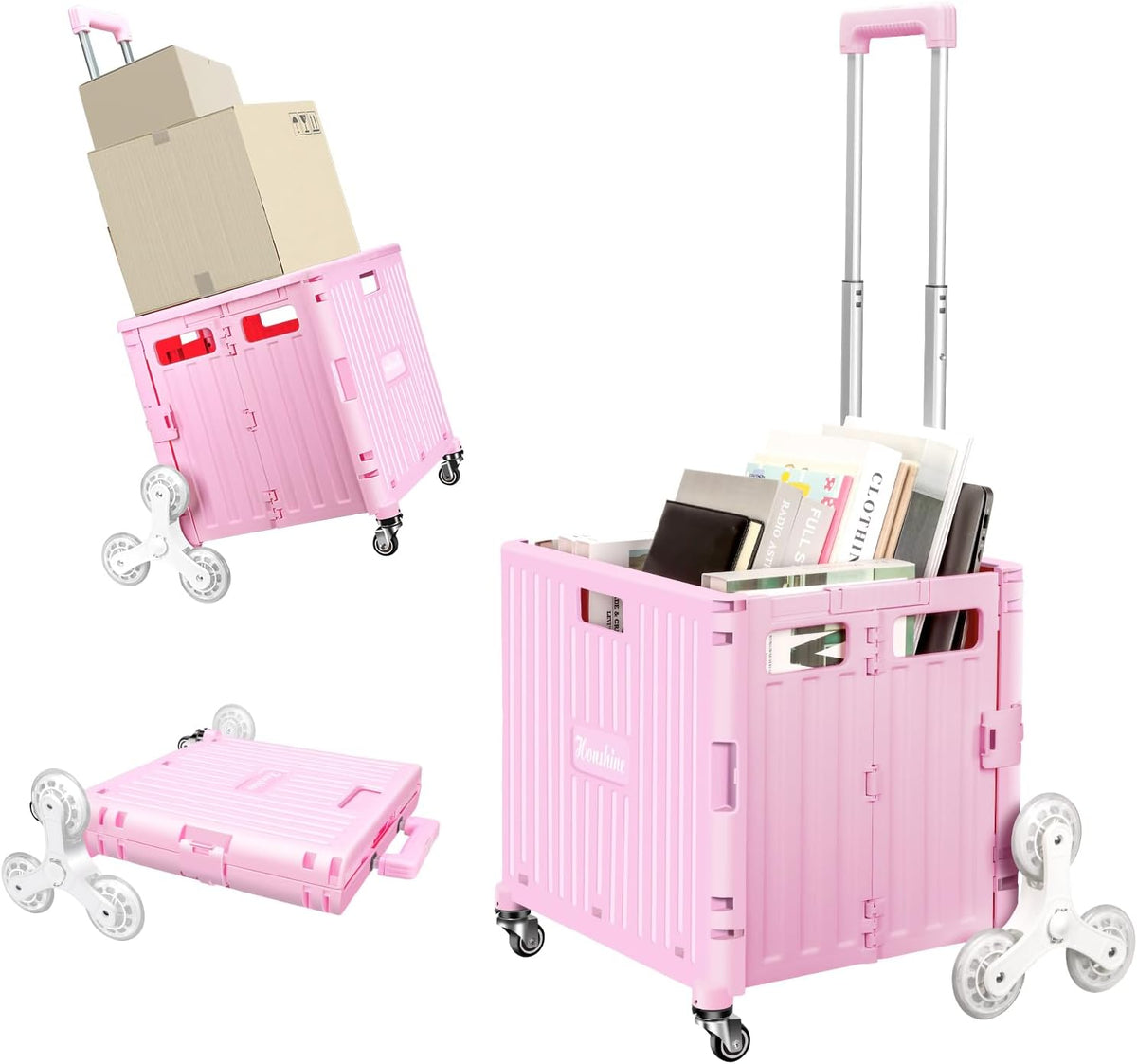 Nedcart Rolling Crate with Stair Climbing Wheels, Foldable Utility Cart with Detachable Lid & Telescoping Handle, Portable Rolling Cart Tote Basket for Teacher Upstairs Grocery Shopping