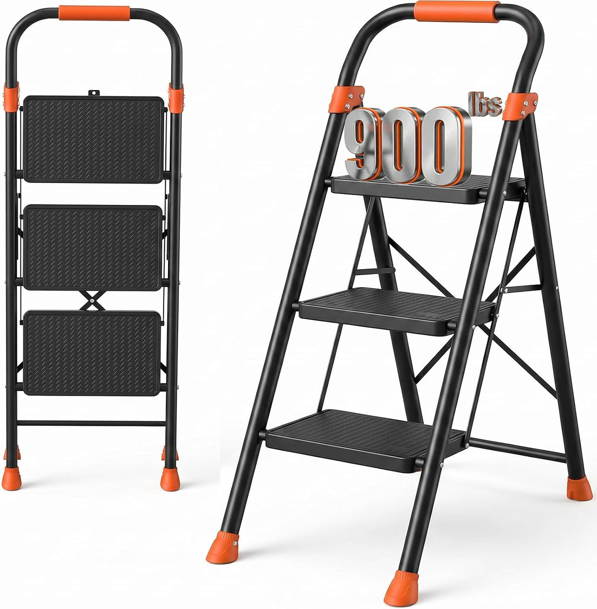 3 Step Ladder, 900 Lbs Capacity Heavy Duty Step Stool with Safety Lock, Black Sturdy Step Ladder with Wide Anti-Slip Pedal, Folding Step Stool with Orange Cushioned Handle for Kitchen, Home & Garage