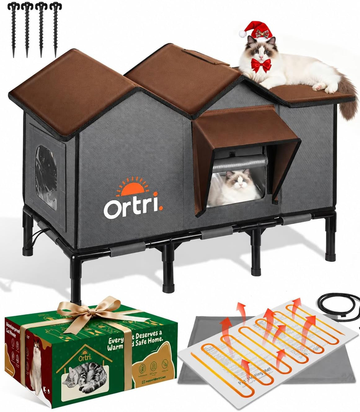 Outdoor Heated Cat House for Outside: Winter Insulated Weatherproof 30"×14"×20" Shelter with Extra Large Elevated Warm Heater and Waterproof Heating Bed for Multiple Feral Kitties Small Pets for Barn