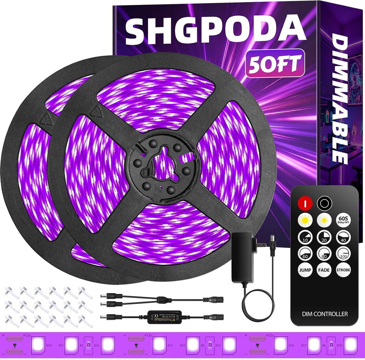 50 Foot Black Light Strip & Remote, 900Leds, Dimmable, 3 Lighting Modes